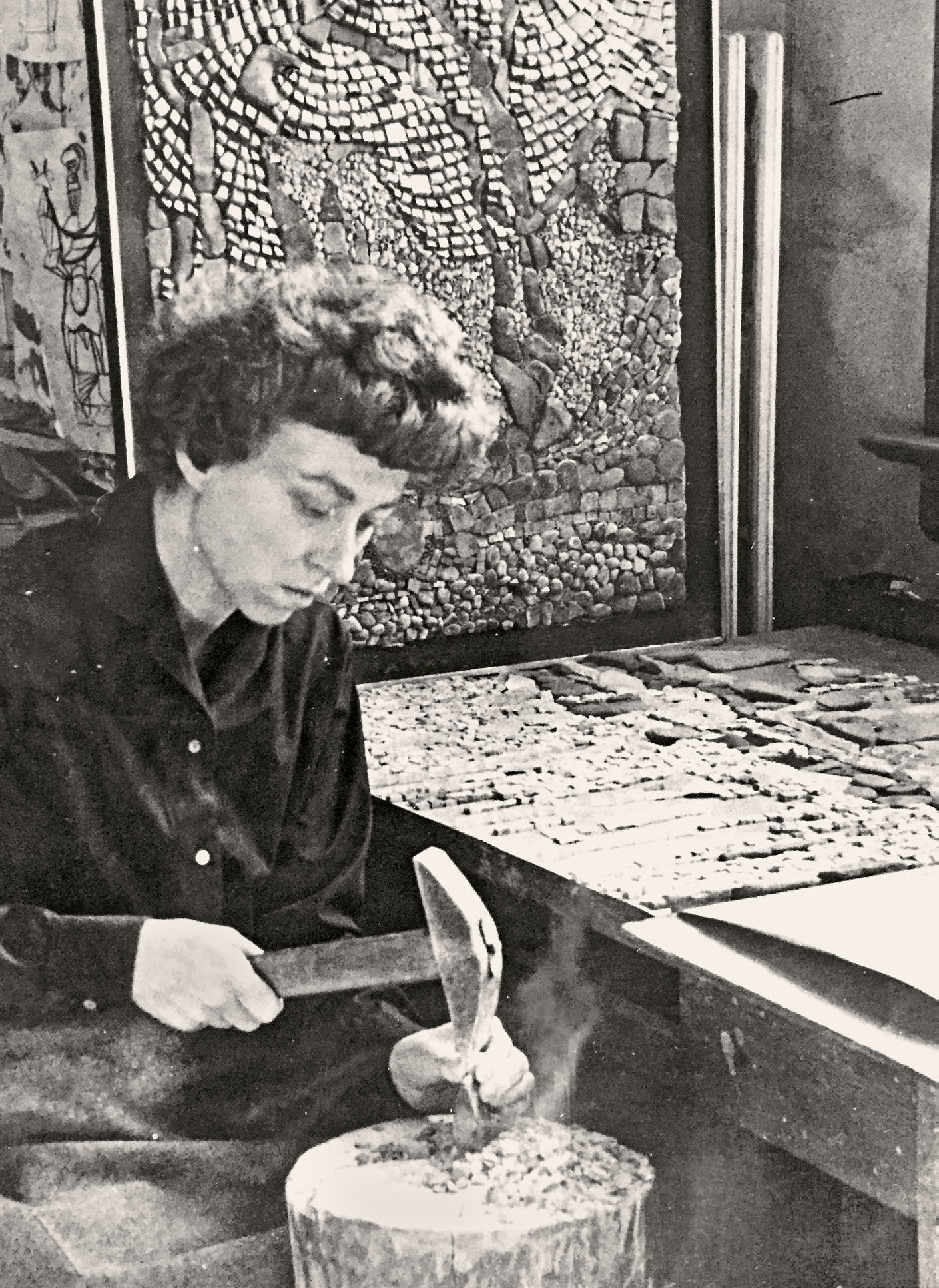 Kreilick working with a hammer and hardy in her University of Wisconsin-Madison Studio, circa 1959.